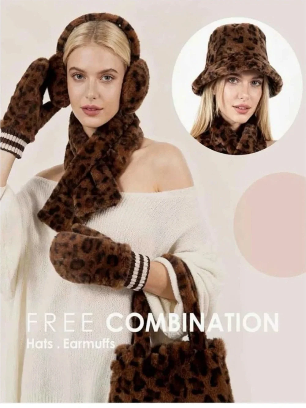 Faux Fur Bucket Hat and Glove Set 5-Piece Brown Leopard Women New FAST SHIPPING